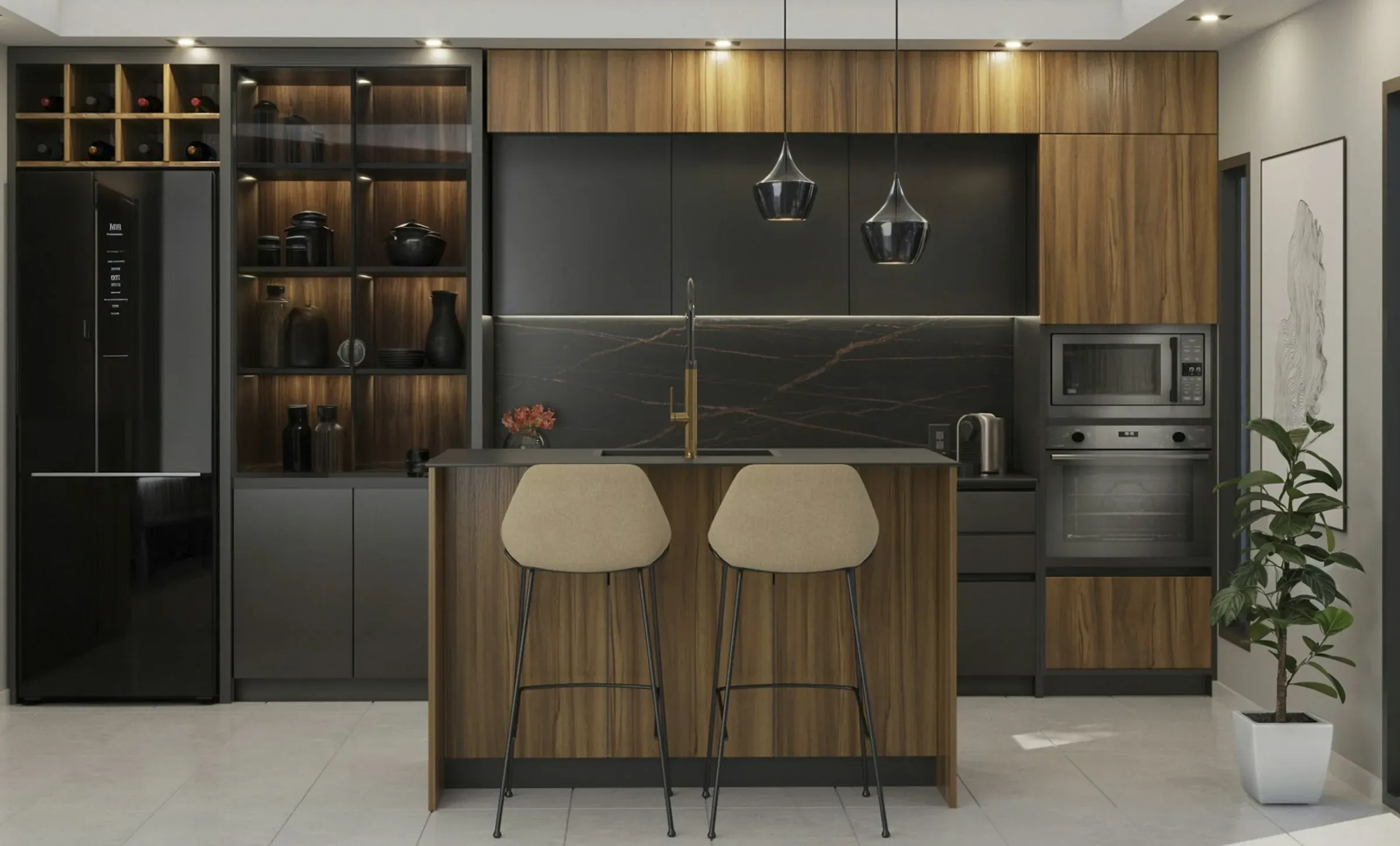 A dark wood kitchen with an island, two bar stools and pendant lights